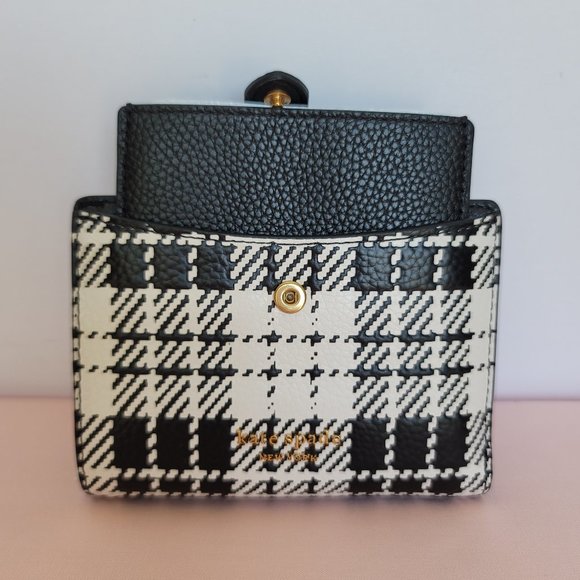 KATE SPADE Hudson SMALL Posh Plaid Embossed Pebbled Leather Bifold Wallet-Black⭐ - Picture 4 of 15